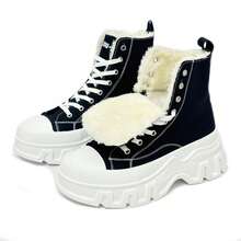 SLNU3 Brand Men's Fashion High-Top Thick-Sole Shoes, Comfortable Non-Slip Rubber Sole With Laces Flat Shoes, Thermal Lined Thick Winter Warm Boots, Suitable For Men's Outdoor Activities, Black Boots Couple Style,Fur Boots - Black and White - View 5