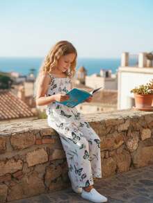 年輕女孩夏季新款蝴蝶印花帶收緊細節連身褲