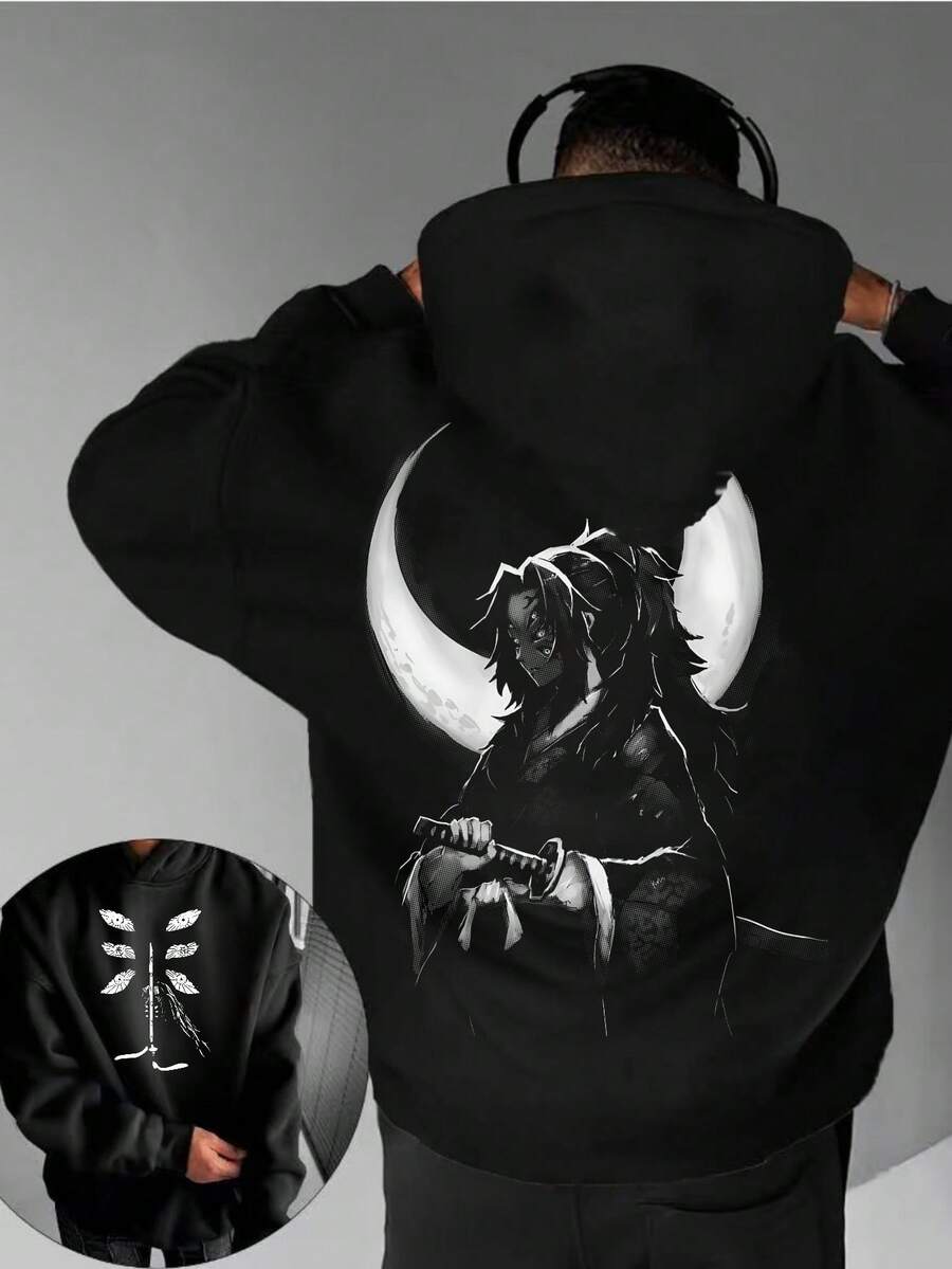 Men Anime Hoodie Cool Anime Fan Style Streetwear Fashion Geek Groove Flair Unique Design For Otaku Fans Casual Wear Black Sweatshirt With Moon And Samurai Print Anime Lover Gift Hip Hop Look - màu đen - Xem 1
