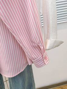 Women's Valentine's Day Pink Striped Pocket Heart Embroidery Button-Front Shirt, Suitable For Spring/Summer