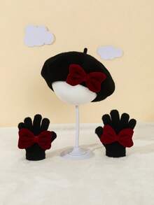 2pcs New Year Hat Set, Christmas Hat Set, Pink Velvet Bow Beret Hat + Gloves Set For Kids, Warm Beret Hat + Gloves Set For Autumn/Winter - 2 Pcs - View 18
