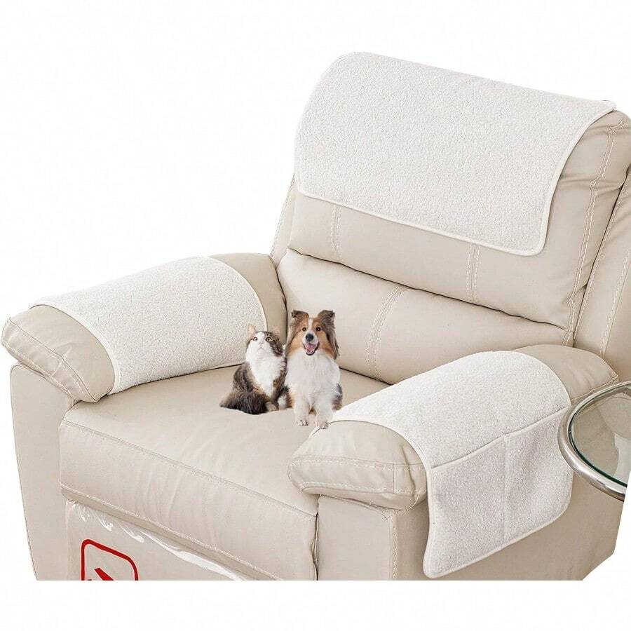 Armrest Covers Armrest Protector Lamb Velvet Recliner NonSlip Leather Armchair Protector Cover With Pockets For Tv Armchair Chair Sofa Removable Washable Beige1 Seat 3pcs - Beige - View 1
