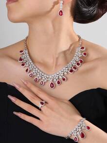 4 件奢华铜 AAA 方晶锆石红宝石流苏吊坠项链、手链、耳环、戒指首饰套装，适合女士派对、晚会、新娘、婚礼、情人节送给女友的礼物