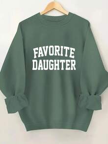 Women'S Pink "Favorite Daughter" Graphic Sweatshirt - Cozy Crew Neck, Long Sleeves With Ruffled Cuffs, Casual Fall/Winter Pullover, Casual Wear | Ruffled Cuff Design | Comfortable Fit - 軍綠色 - 查看 6