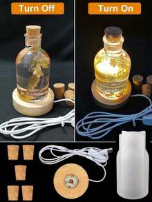 Driftwood Bottle Lamp Resin Mold Set, LED Lamp Shade Silicone Resin Mold With 1 USB-Powered Wooden Lighting Base And 5 Wooden Corks, For DIY Desktop Crafts, Party, Wedding, Desk Lamp And Home Decor, Furniture Ambiance Setting, Creative Gift, Holiday Present For Family And Friends, Bedside Lamp