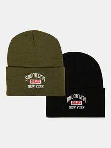 2pcs Unisex Letter Embroidered Brimless Beanie Hats, Streetwear Style