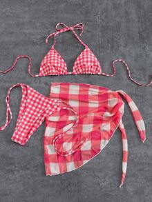 Conjunto de 3 peças com estampa pied-de-poule, top cropped com amarração nas costas, perfeito para férias e praia no verão. - Rosa Quente - Ver 7