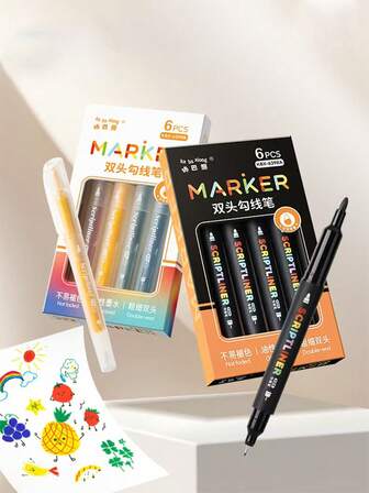 6支双头轮廓马克笔，黑色，适用于学校、美术、素描、绘画、涂鸦等，速干