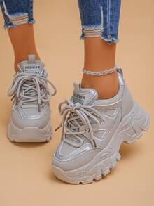White Platform Casual Sneakers For Women, Comfortable Wedge Heel Shoes - Silver - View 4