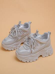 White Platform Casual Sneakers For Women, Comfortable Wedge Heel Shoes - Silver - View 6