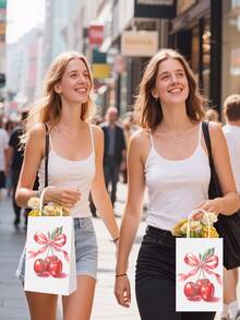 12/24 Peças Sacolas de Presente de Papel com Estampa de Cereja Branca, Adequadas para Aniversário de Mulheres, Lembrancinhas de Festa do Dia dos Namorados, Sacos de Doces, com Alças, Também Adequadas para Noivado, Ano Novo, Suprimentos de Festa do Dia dos Namorados. Tamanho: 8.3 X 5.9 X 3.1 Polegadas (Branco, Estampa de Cereja)