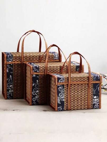 1pc Bamboo Basket Gift Box Foldable Bamboo Basket Outdoor Picnic Basket Rustic Bamboo Woven Natural Finish Gift-Ready Organizer For Casual Summer Gatherings And Park Picnics, Lightweight Portable Carry Handle, Handwoven Construction, Ideal For Market Baskets, Home Decor Touch, Cottage Kitchen Storage, Wedding Or Party Favor Idea To Brighten Spring Moments