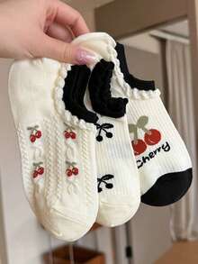 3 Pairs Of Women Thin Breathable Invisible Socks In White, Cherry Red, Mesh, And Lace Design, Cute & Aesthetic Style For Spring/Summer, Suitable For Daily Wear, Party, Date, School, Holiday Gift Christmas Gift - Multicolor - View 6