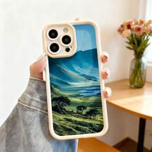 Cubierta de teléfono con borde negro diseño paisaje natural verde y azul montañas praderas y árboles para uso diario y viajes - Negro - Ver 3
