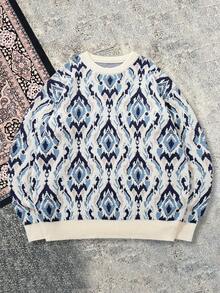 Herbst/Winter Herren Langarm Lässig Loose Luxuriös Elegant Pfauenfeder Allover-Muster Nische Retro Vielseitig Gemütlich Hochwertig Strickpullover mit Rundhalsausschnitt