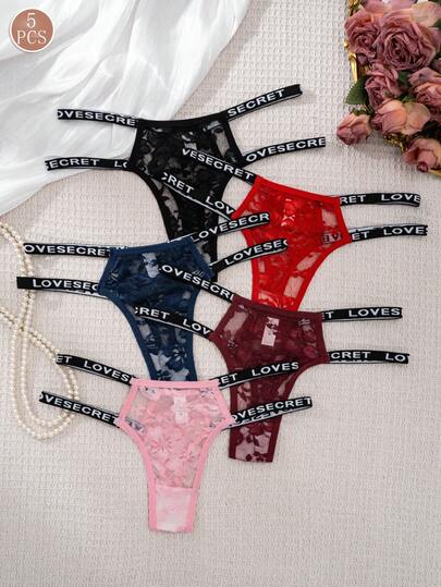 5 st/pack sexiga spetstrosor med bokstäver i midjan för kvinnor