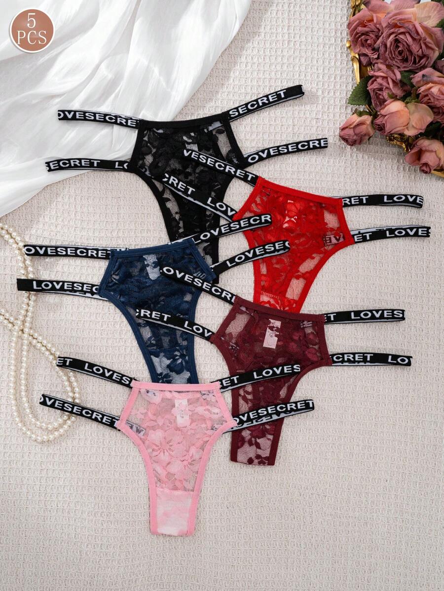 5pcs/Pack Women's Sexy Lace Letter Waistband Panties