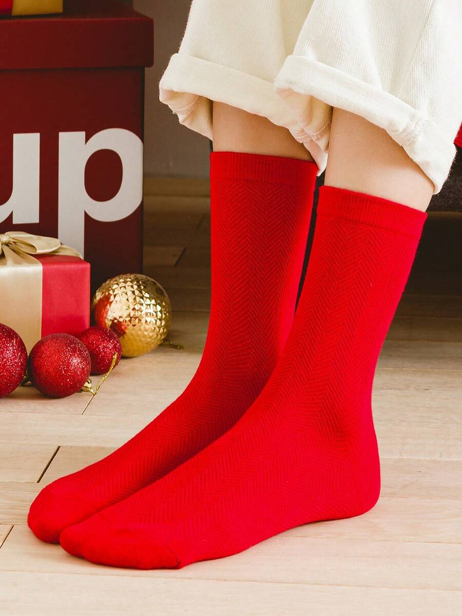 1双男士秋冬人字纹网眼红色棉质中筒袜，情侣款 - 紅色 - 查看 1