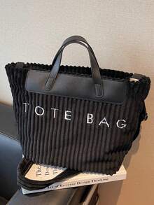 Bolso de mano de mujer de pana de unicolor con gran capacidad y parches - Negro - Ver 4