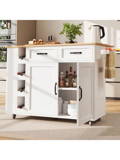 Kitchen Isl Serving Cart Countertop, Cabinet, Trolley, Food Four Doors Two Drawers, Wood Finish view 3