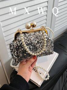 新款复古绿色面料珍珠链手提包，女士托特包，多功能单肩包，适合派对和聚会 - 灰色 - 查看 11