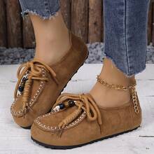 Mocasines planos con flecos para mujer, nuevos de 2025 en unicolor, de ante con cuentas y suela blanda tipo slip-on - Marrón - Ver 5