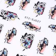 1PC 3D Self-Adhesive Nail Sticker - Floral Charm Paired With Leopard Print, Semi-Gloss Plastic Nail Decal, Nail Supplies, Disposable. - 黑刷(1個) - 查看 4