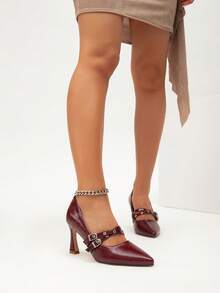 女士酒红色高跟鞋，时尚尖头细高跟鞋，优雅纯色办公室工作派对礼服鞋 - 酒紅色 - 查看 3