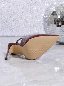 Women's Shiny Stone Texture Buckle Stiletto High Heels, Burgundy Color, 2025 New Arrival,Stilletos Heels - Burgundy - View 6