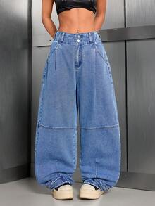 Quần jeans ống rộng phong cách bohemian thường ngày dành cho nữ, quần denim dài dáng rộng không co giãn với chi tiết cúc và khóa kéo, túi kiểu Y2K, tạo vẻ ngoài thoải mái. - Rửa trung bình - Xem 2