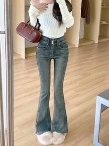 女式高腰修身喇叭牛仔裤，复古设计 - 藍色 - 查看 2