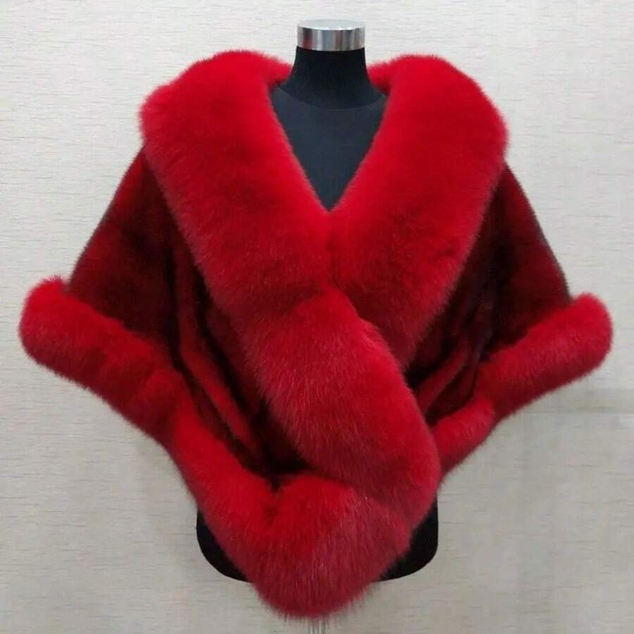 Luxury Oversized V-Neck Faux Fur Shawl - Women's Fluffy Plush Cape Scarf & Cloak Wrap In Black & Red For Christmas Parties, Bridal Weddings & Special Occasions - Elegant Winter Coat Style Jacket Cloak For Daily Wear, Travel & Evening Events - Perfect Gift - Đỏ - Xem 1
