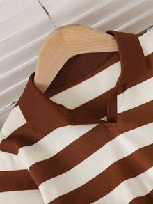 女童条纹 Polo 领长袖上衣 + 休闲喇叭裤套装 - 棕色 - 查看 6