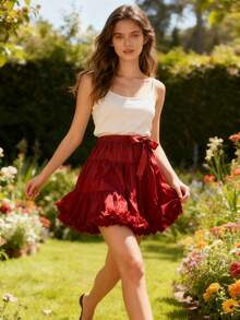 1pc Women's Pink Lolita Style Wine Red 45cm Skirt, Cloud Hem Design, Suitable For Daily, Party, Wedding And Photoshoot Occasions - Burgundy - View 4