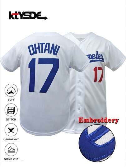 KTYSDE Men's #17 Classic White Baseball Jersey, Letter Embroidery Loose V-Neck Short Sleeve Button-Up Sportswear Top