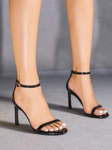 春夏女士性感黑色高跟露趾踝带细高跟凉鞋，时尚简约优雅礼服鞋 - 黑色 - 查看 5