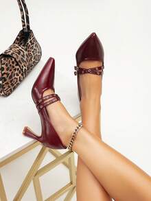 女士酒红色高跟鞋，时尚尖头细高跟鞋，优雅纯色办公室工作派对礼服鞋 - 酒紅色 - 查看 5