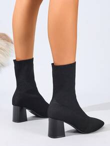 秋冬女士时尚靴，黑色针织踝靴，粗跟尖头设计 - 黑色高跟 - 查看 4