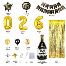 2026 New Year Party Decorations Set Black Gold Happy New Year Banner 2026 Foil Number Balloons Champagne Bottle And Star Balloon Gold Fringe Curtain Latex Confetti Balloons NYE Party Supplies