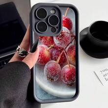 Cubierta de teléfono con borde negro diseño de frutas rojas con escarcha para iPhone 14 Pro Max estilo minimalista ideal para uso diario y trabajo - Café integral - Ver 1