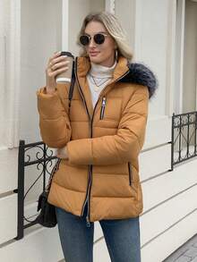 女士冬季仿毛皮拼接夹克，带拉链连帽毛领外套，时尚绗缝外套 - 橘色 - 查看 6