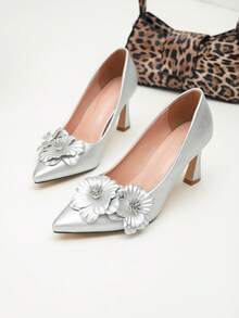 Women's Silver High Heels, Fashion Pointed Toe Stilettos, Elegant Solid Color Pumps, Formal Party Dress Shoes - Silver - View 7