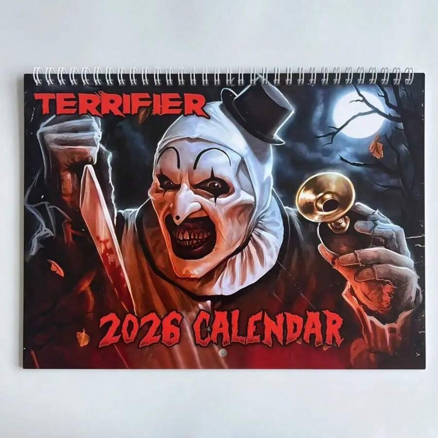 2026 Horror Calendar With Pennywise-Inspired Pennywise Clown & IT Design - Terror-Themed Monthly Planner With Red Lettering & Iconic Pennywise Face - Durable A4 Calendar For Home/Office Decor, Gothic Horror Fans Gift (January-December 2026) - English Language Dated Calendar With Bold Red & Black Cover, Sturdy Binding, Daily Use Planner For Horror Movie Fans & Collectors