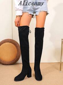 2025 New Fashion Women's Lace-Up Over-The-Knee Boots, Sexy Western Style Warm Over-The-Knee Boots, Lace-Up Slim Fit Black Party Boots - Black - View 5