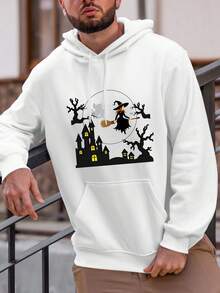 Sudadera con patrón de Halloween de bruja volando sobre castillo encantado, perfecta para la temporada festiva - Blanco - Ver 6
