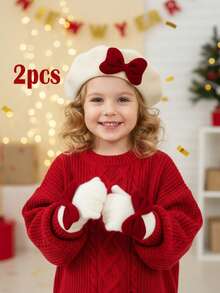 2pcs New Year Hat Set, Christmas Hat Set, Pink Velvet Bow Beret Hat + Gloves Set For Kids, Warm Beret Hat + Gloves Set For Autumn/Winter - 2 Pcs - View 3