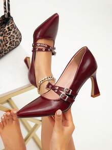 女士酒红色高跟鞋，时尚尖头细高跟鞋，优雅纯色办公室工作派对礼服鞋 - 酒紅色 - 查看 6