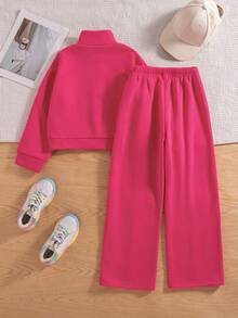 两件套少女休闲蝴蝶印花落肩圆领长袖卫衣长裤套装，保暖连帽衫和长裤，秋冬季 - 玫紅色 - 查看 2