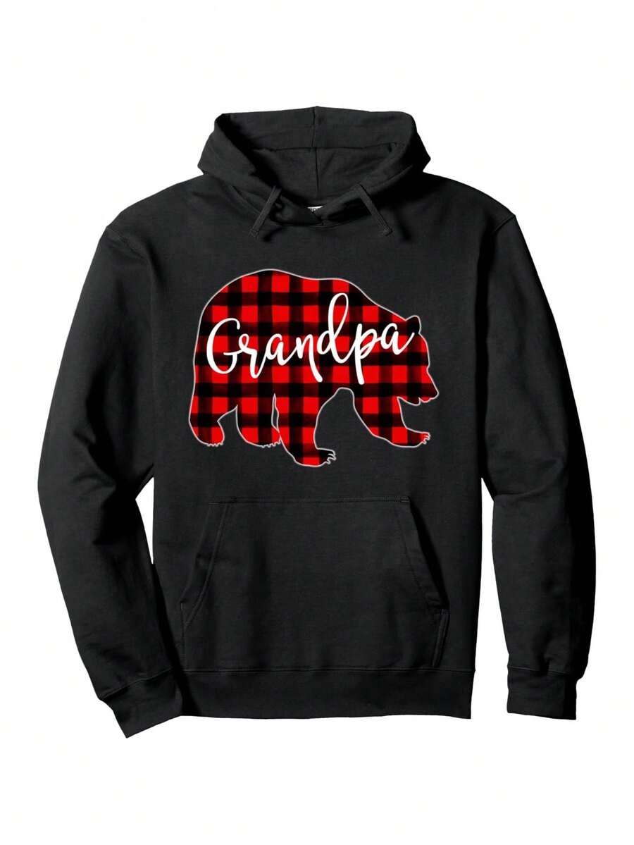 Sudadera con capucha navideña a juego de oso y búfalo de cuadros rojos - Negra con letras cursivas blancas de abuelo, sudadera pesada de 250g, adecuada para atuendos festivos, ropa casual y fotos familiares - Negro - Ver 1