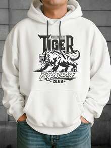 Sudadera con Capucha para Hombre con Patrón de Tigre y Letras de Lucha - Estilo de Calle Holgado con Bolsillo Canguro, Estampado de Tigre en Blanco y Negro, Suéter Casual Cómodo de Invierno, Regalo para Entusiastas de las Artes Marciales (Taekwondo, Karate, Kickboxing) - Blanco - Ver 6